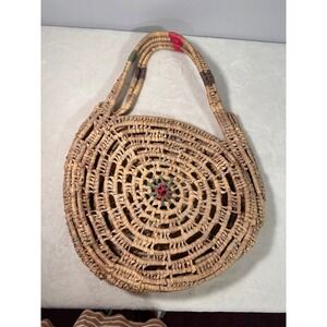 Vintage Round Woven Straw Tote Bag Boho Spiral Handcrafted Shoulder Bag Natural